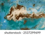 Abstract marble background. Different shades of blue, turquoise colors. White, black, ocher and gold chaotic spots in the middle. Sometimes black dots. White wavy. Photo of fragment of an epoxy resin.