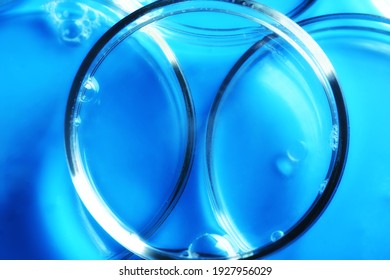 Abstract Medical Cosmetology Blue Background From Glass Petri Dishes.