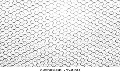 ​White abstract mesh texture background, close up of plastic net or hexagonal grid pattern with light gradient.