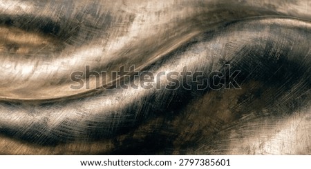 An abstract metallic wave pattern with a brushed texture, exhibiting dark brown and gold coloration and visible scratched lines.