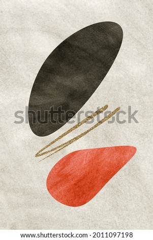 Abstract mid-century style artwork with black and red shapes over beige texture. 