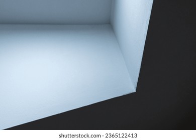 Abstract minimal architecture background, empty light blue niche in ceiling