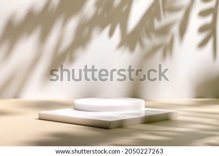 Abstract minimal nature scene - empty stage and white circle podium on beige background and soft shadows of tree leaves. Pedestal for cosmetic product and packaging mockups display presentation
