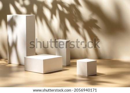 Abstract minimal nature scene - empty stage with four white rectangle podiums on beige background and shadows of tree leaves. Pedestal for cosmetic product and packaging mockups display presentation