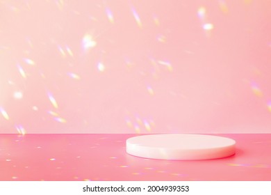 Abstract Minimal Scene - Empty Stage, Cylinder Podium On Soft Pink Background With Rainbow Crystal Light Refraction Sparkles. Pedestal For Cosmetic Product And Packaging Mockups Display Presentation