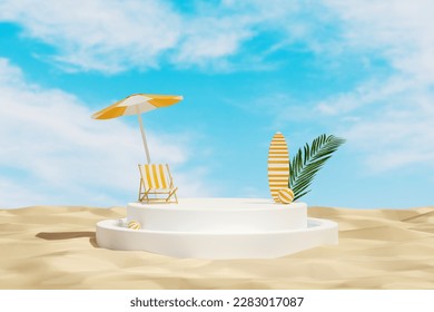 Abstract minimal scene with white round podium placed on beach sand texture, decorated with a chair under an umbrella, surfboard, ball and plant. 3D rendering blue sky background - Shutterstock ID 2283017087