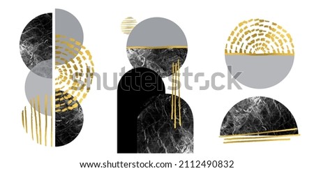Abstract minimalist wall art in white, gray, black, gold colors. Simple line style. Golden geometric shapes, circles, Modern creative marble pattern.