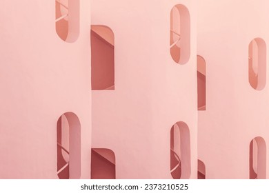 Abstract modern architecture background. Fragment of contemporary facade walls cement building. pattern balconies windows detail. Geometric clear pink building design. multi window and empty balcony