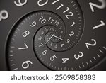 Abstract modern black spiral clock dial with arabic numerals. Concept of Infinite time, deadline, scheduling, time and space, past, present and future.