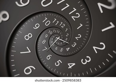 Abstract modern black spiral clock dial with arabic numerals. Concept of Infinite time, deadline, scheduling, time and space, past, present and future.