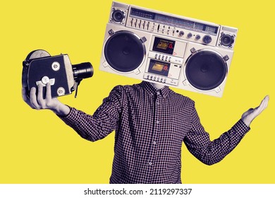Abstract modern collage. The man with the head of a tape recorder takes himself off to an old movie camera. Selffi concept - Shutterstock ID 2119297337
