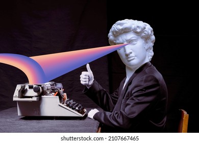 Abstract Modern Collage. The Man With The Plaster Head Of David Writer, Shoots A Rainbow Laser Out Of His Eyes At Rouge Paper In A Typewriter