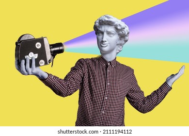 Abstract modern collage. The man with the plaster head of David in a plaid shirt takes himself off to an old movie camera. Selffi concept - Shutterstock ID 2111194112
