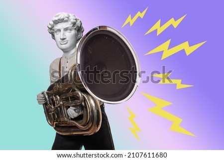 Abstract modern collage. The man with the plaster head of David holding the tube and play music on rainbow background