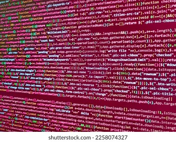Abstract modern virtual computer script. Boucle suiting fabric background texture. Coding css on mornitor at the office - for background or montage product. Computer script. Abstract background