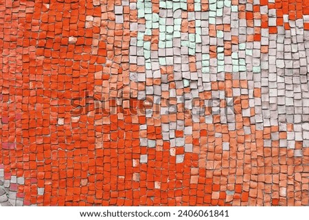 Abstract mosaic ceramic tile background. Chaotic pattern of red and white ceramic tiles, wall decor, interior design element. Wallpaper, backdrop, copy space.