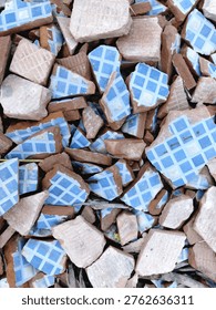 Abstract Mosaic Pattern of Broken Blue and White Ceramic Tiles, Unique Texture for Artistic and Construction Backgrounds
