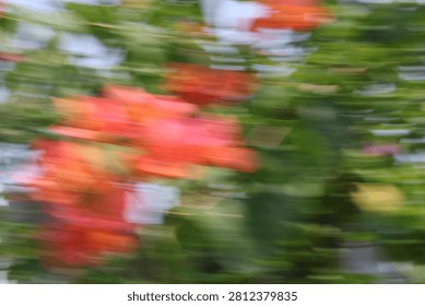 Abstract motion blur background of red flowers and green leaves, intentional camera movement panning effect creating a dynamic natural texture.