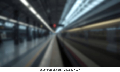 Abstract motion blur effect captures the speed and energy of a subway train traveling through a dimly lit station.