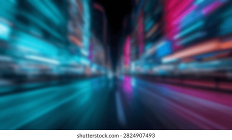 Abstract motion blur effect capturing the energetic glow of city lights at night, with streaks of neon blue and pink.