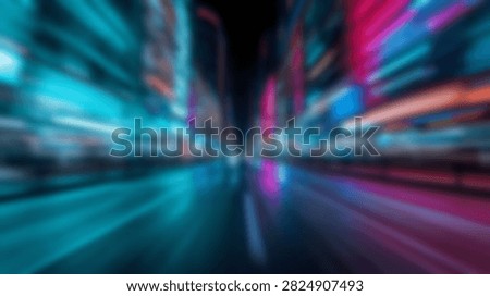 Abstract motion blur effect capturing the energetic glow of city lights at night, with streaks of neon blue and pink.