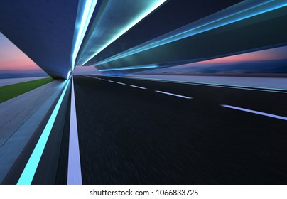 Abstract Motion Blur Effect Fast Forward Moving Asphalt Tunnel Road .