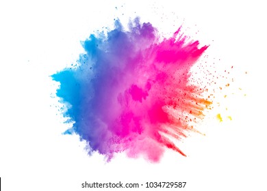 Abstract Multicolored Dust Explosion On White Background. Abstract Color Powder Splattered  On Background.