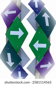 Abstract multi-directional arrows trail road sign instructions conflicting confusion metaphor path decisions business life choices help management leadership backdrop