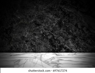 Abstract Natural Black Marble Texture Background On White Marble Floor : Top View Of Marble Table For Graphic Stand Product, Interior Design Or Montage Display Your Product.