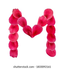 Abstract natural letter M made from pink flower petals. English alphabet symbol of rose, peony or tulip petals, isolated on white background