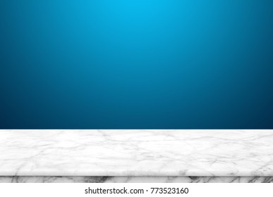 Abstract Natural texture marble floor on bright blue background : Top view of marble table for graphic stand product, interior design or montage display your product.