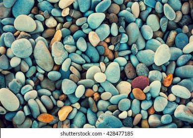 Abstract Nature Pebbles Background. Blue Pebbles Texture. Stone Background.  Blue Vintage Color. Sea Pebble Beach. Beautiful Nature. Turquoise Color