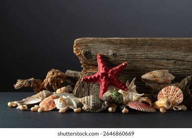 Abstract nature scene with a composition of seashell, starfish, and snags on a black background. Concept of sea, summer, and ecology. Copy space.
