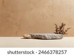 Abstract nature scene Stone podium composition and dry flower on beige brown background for cosmetic, beauty product branding, perfume, skin care and cosmetic backdrop. Copy space, front view