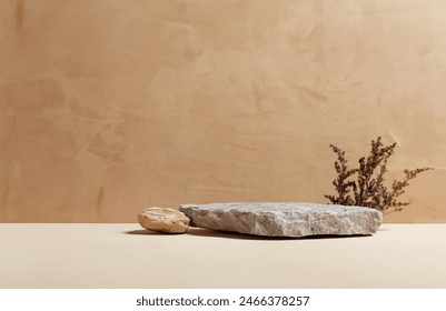 Abstract nature scene Stone podium composition and dry flower on beige brown background for cosmetic, beauty product branding, perfume, skin care and cosmetic backdrop. Copy space, front view