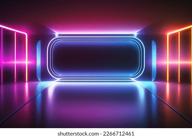 Abstract neon light fluorescent Neon Lights glow ,Reflection on water, exhibition background 3D illustration. - Shutterstock ID 2266712461