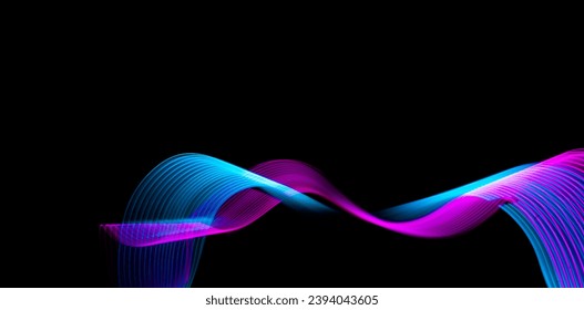 Abstract neon metallic pink and blue waves curvy lines on black background. Technology data. High quality photo