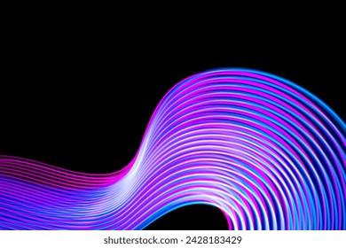 Abstract neon modern pink and blue waves curvy lines on black background. Technology data. High quality photo
