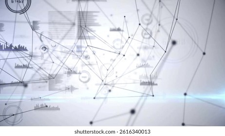 Abstract network of black nodes is forming tech interface with bar charts, waveform graphs. Technology, data, analytics, futuristic, digital, connectivity, innovation