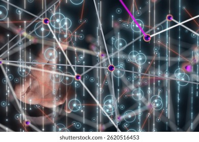 Abstract Network Data Visualization: Hand Interacting with Digital Nodes - Powered by Shutterstock - Get 15% off with code: PIKWIZARD15