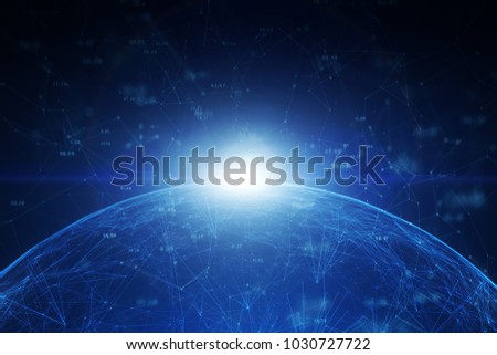 Abstract network globe with numbers, lines, dots and triangles. View from space.