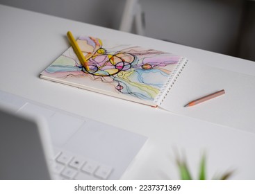 Abstract neurographic drawing with colored pencils. Colorful neurography - Shutterstock ID 2237371369