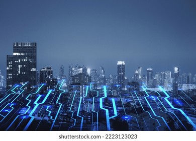 Abstract night circuit city backdrop with mock up place in sky. Smart city, ai and digital transformation concept. Double exposure