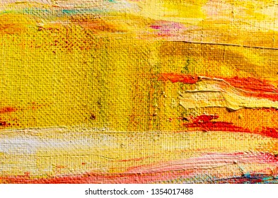 Abstract Oil Painting On Canvas. Oil Paint Texture. Brush And Palette Knife Strokes. Multi Colored Background. Close Up Acrylic Paint. Horizontal Artwork Fragment. 