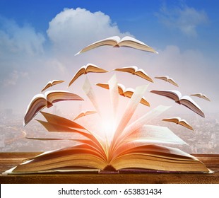 abstract of open book flying as knowledge wisdom going to future