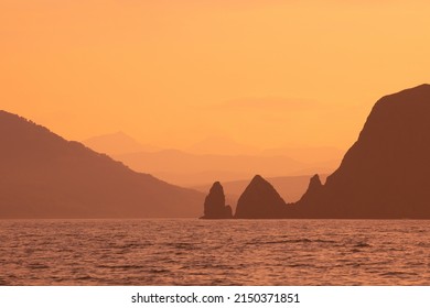 Abstract Orange Sunset Mountains And Sea Natural Background