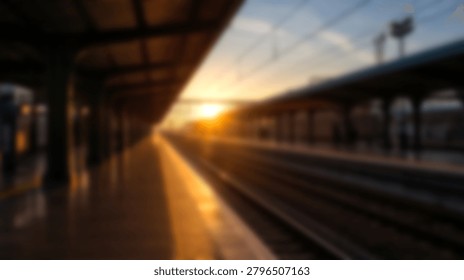 Abstract out of focus view of an empty railway station platform during a warm golden hour sunset
