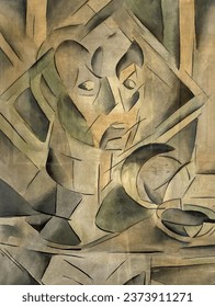abstract painting depicting a human face, illustration in the style of cubism