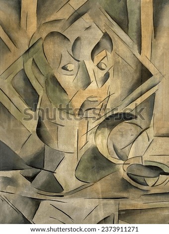 abstract painting depicting a human face, illustration in the style of cubism