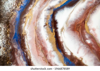 Abstract Painting With Epoxy Resin. Marble Streaks Of Brown,white And Gold. Abstract Modern With Streaks Liquid Background For Design